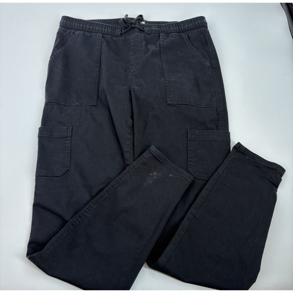Black Cargo Pants Drawstring Waist Utility Straight Leg Casual Trousers